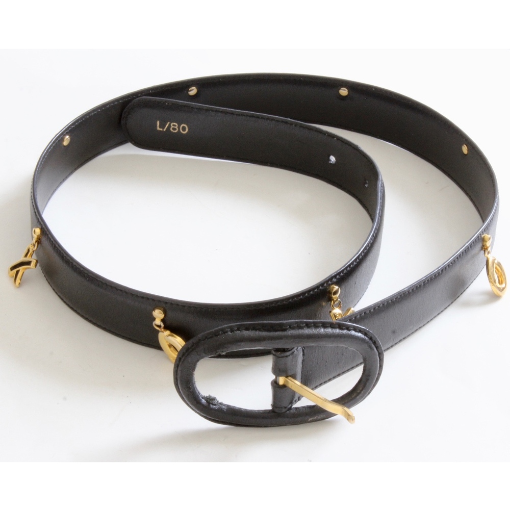 Paloma Picasso XO Black Leather Charm Belt Sz L Vintage